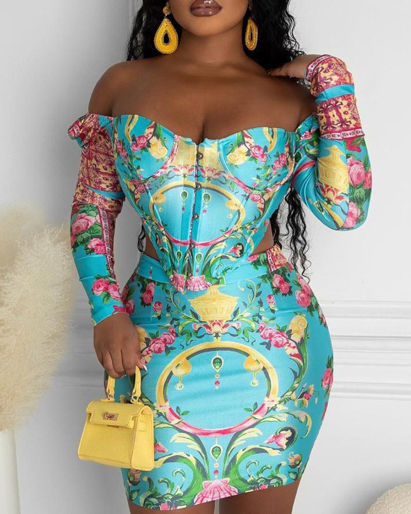 

Off Shoulder Floral Print Corset Top & Skirt Set, Blue