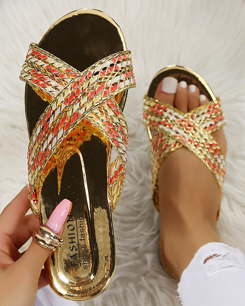 

Crisscross Braided Round Toe Slippers, Gold