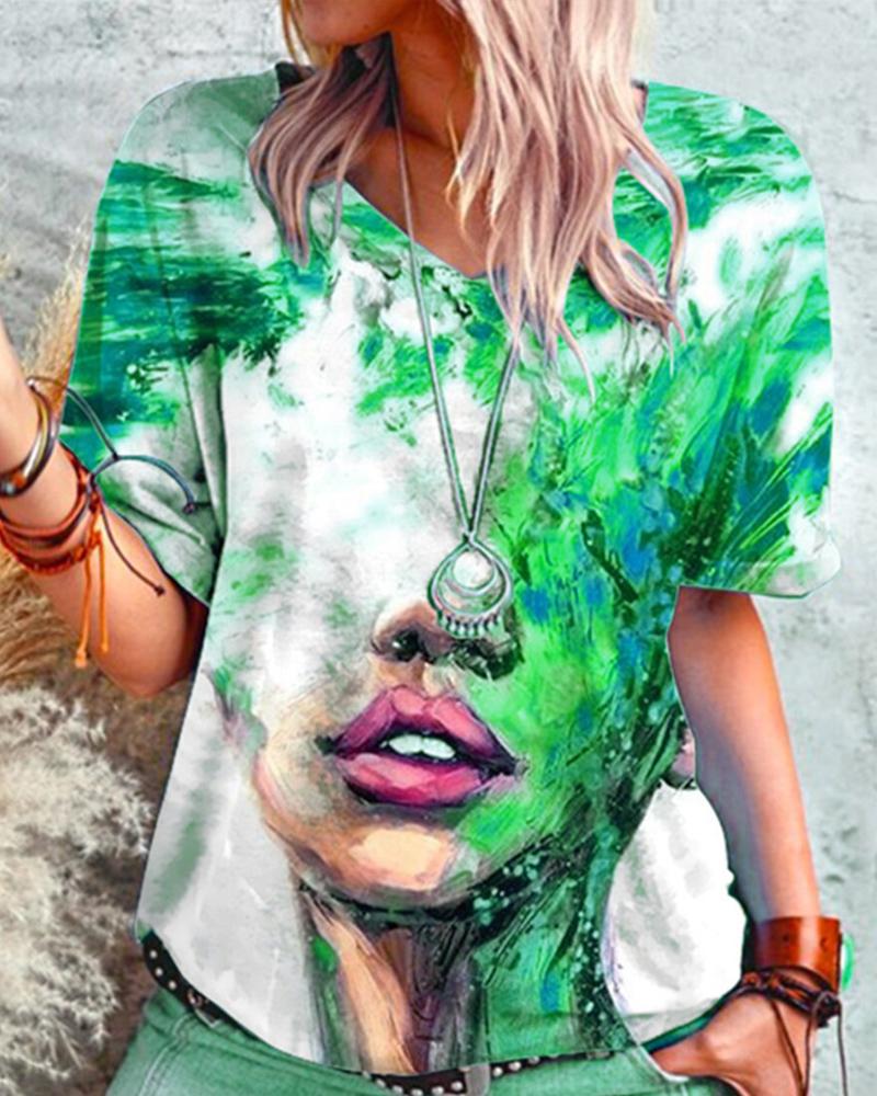 

Figure Patterns Print Short Sleeve Loose T-shirts, Green