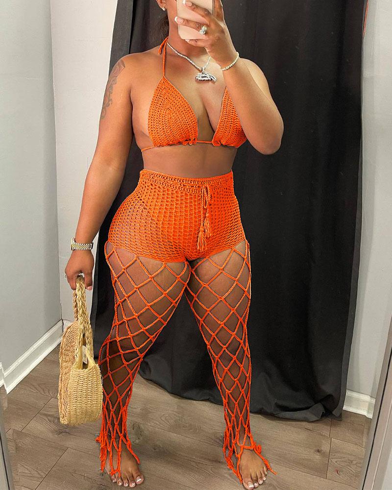 

Crochet Halter Crop Top & Fishnet Cover Up Pants Set, Orange