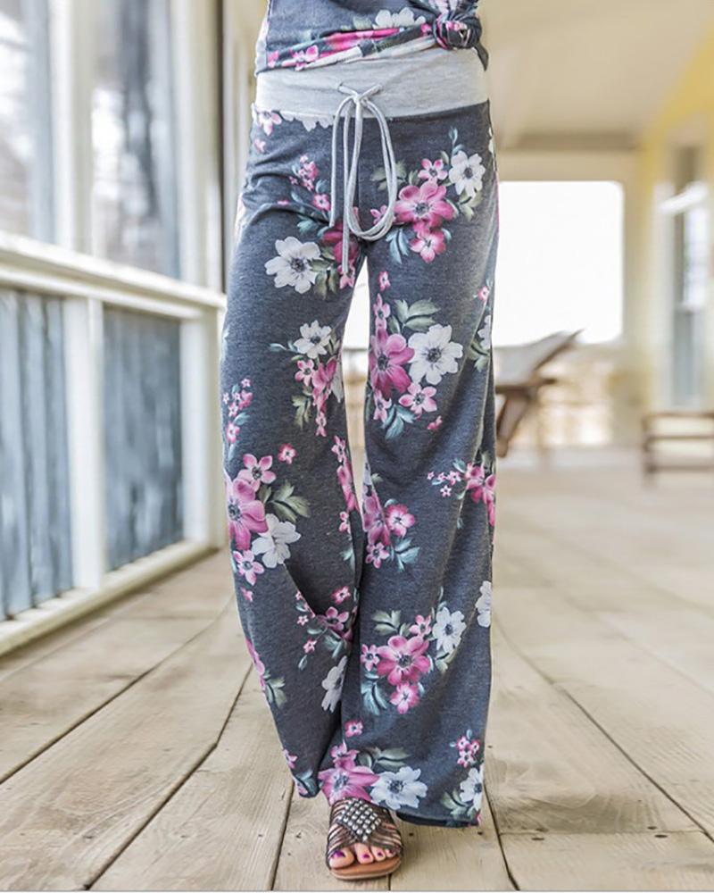 

Wide Leg Floral Print Drawstring Pants, Gray