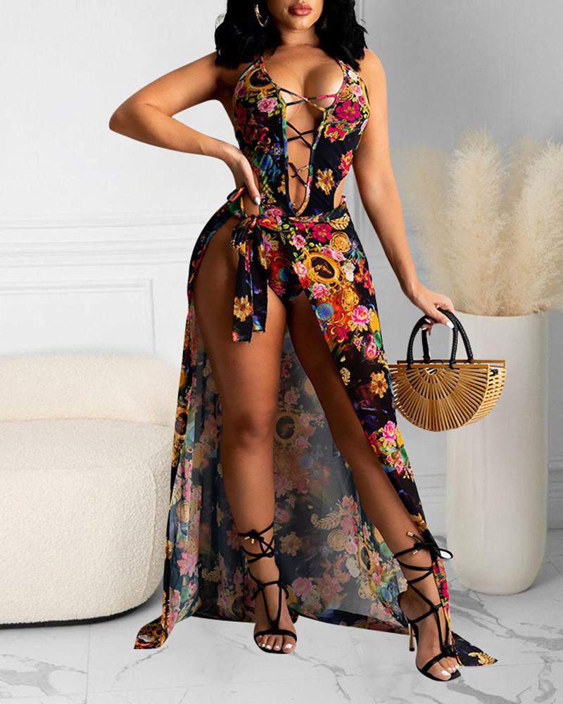 

Floral Graphic Print Lace-up Bodysuit With Cover Up, Yellow