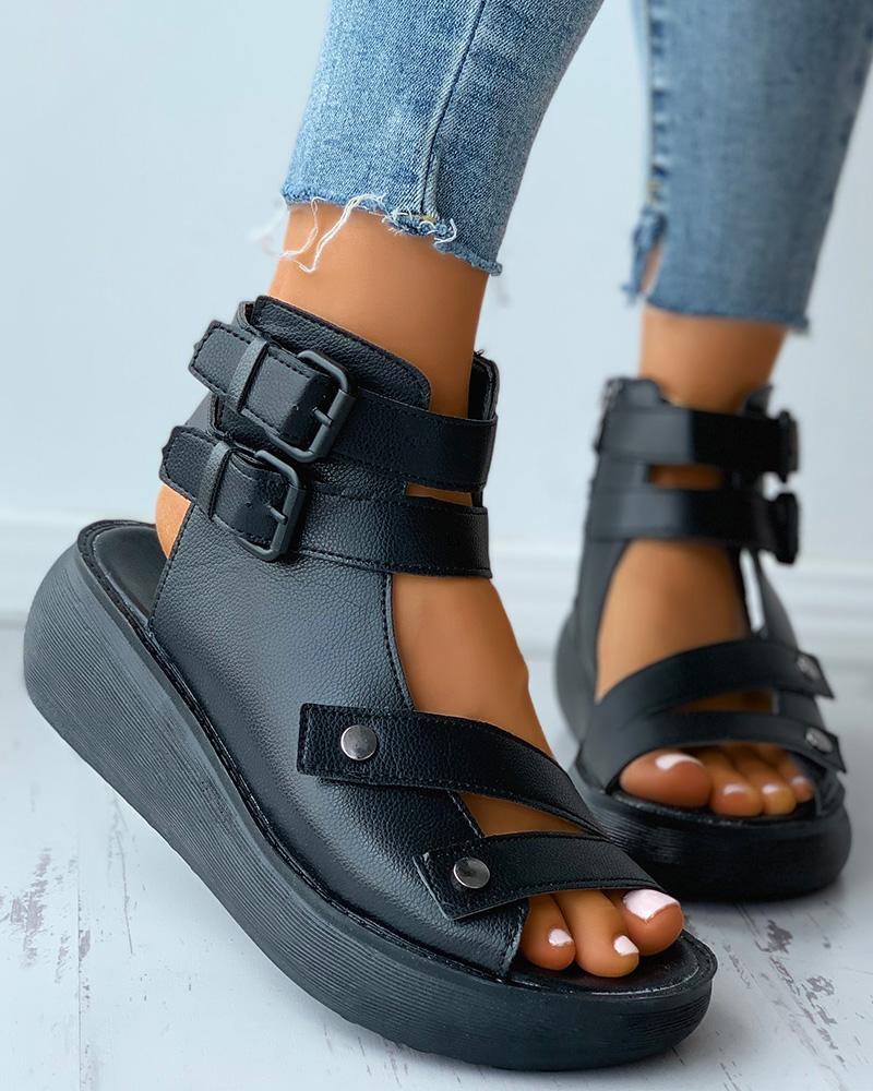 

Double Strap Ankle Buckled Flat Sandals, Black