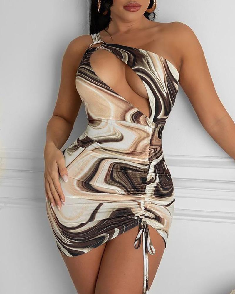 

Marble Print One Shoulder Cutout Ruched Bodycon Dress, Brown