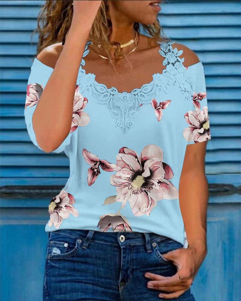 

Floral Print Contrast Lace Cold Shoulder Top, Blue