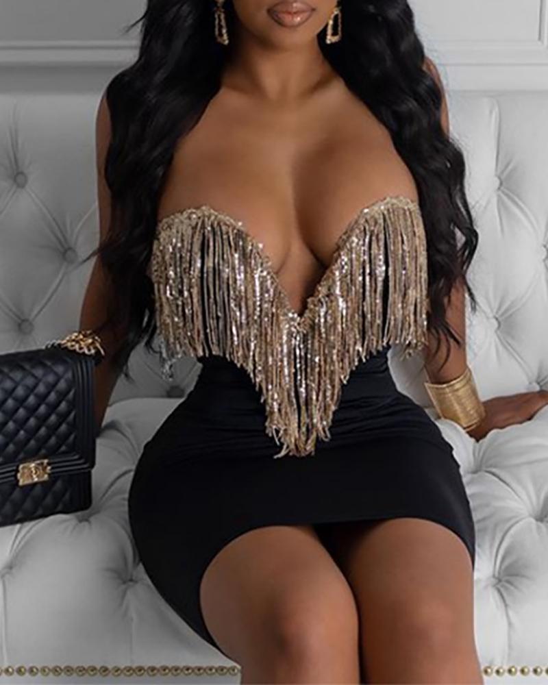 

Sequins Tassel Design Backless Bodycon Dress, Black