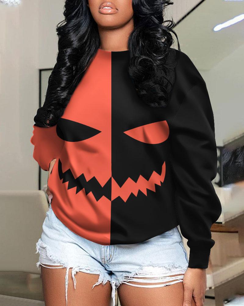 

Plus Size Halloween Graphic Print Colorblock Sweatshirt, Orange