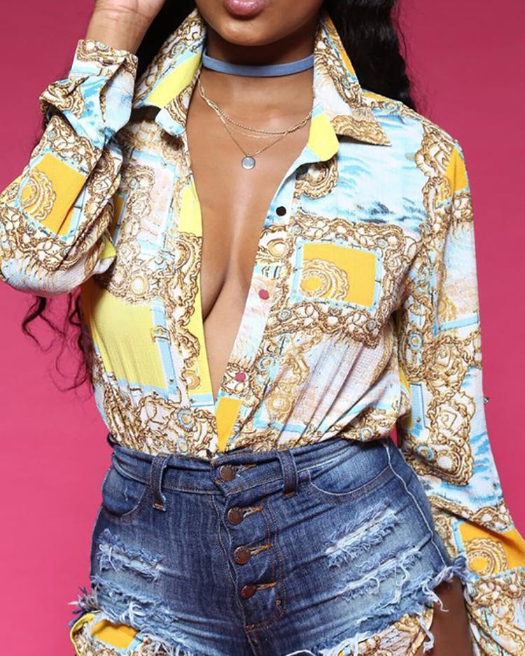 

Fashion Printed Hip Hem Casual Blouse, Yellow