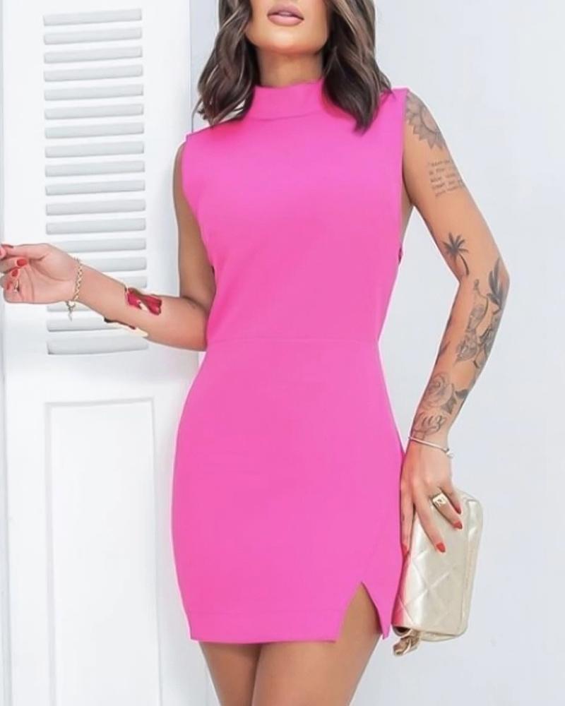 

Backless Mock Neck Slit Mini Dress, Rose red