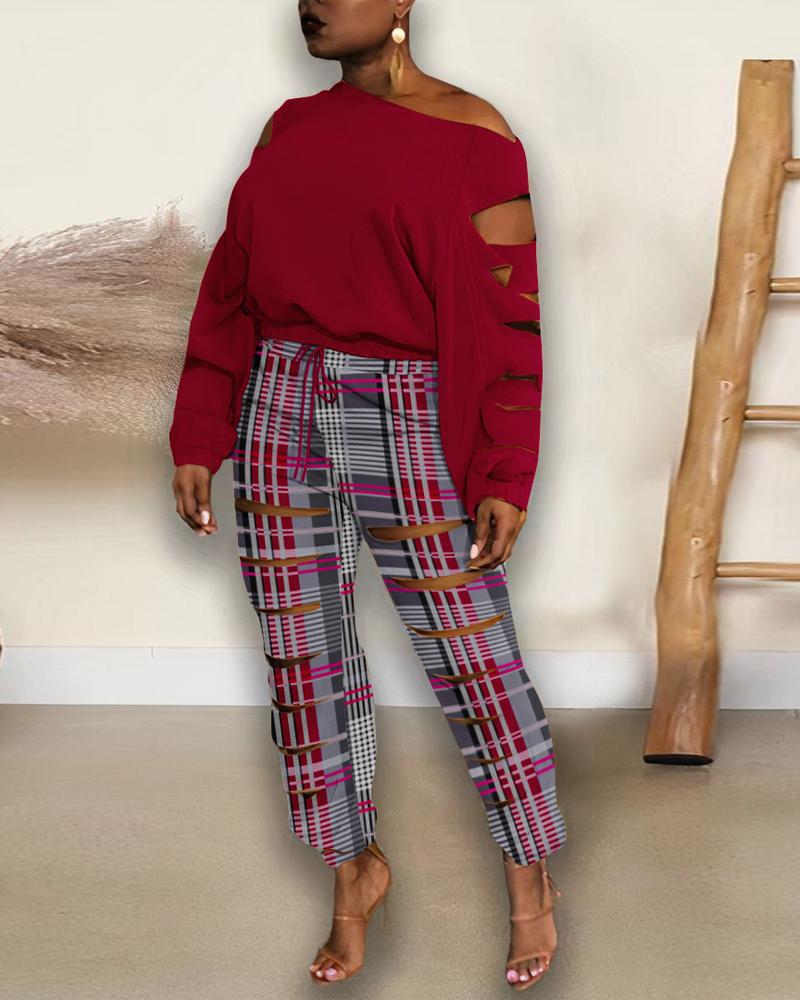 

Ladder Cutout Top & Plaid Print Pants Set, Red