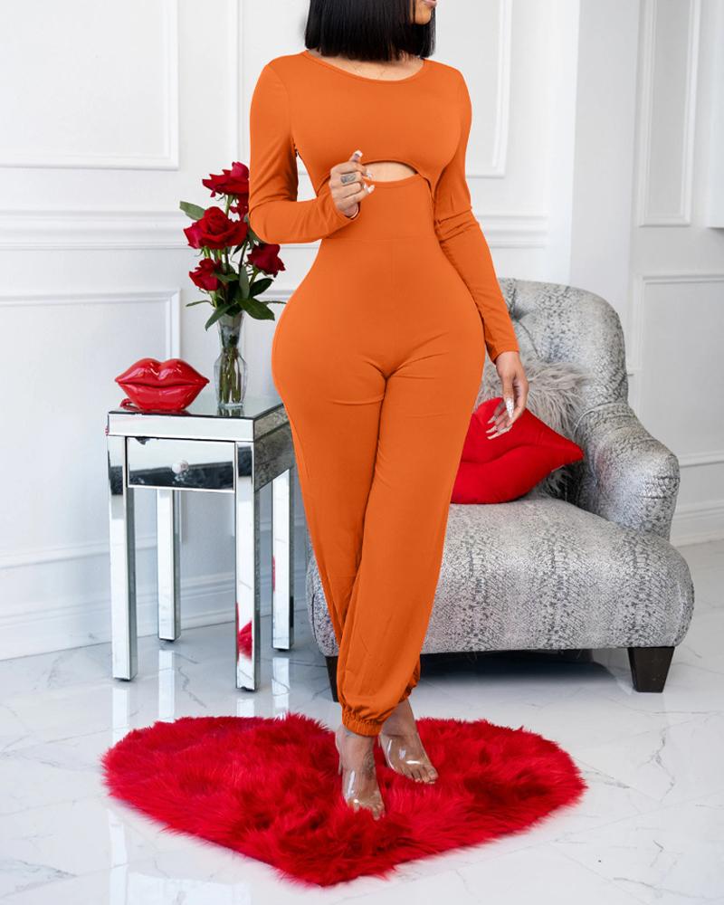 

Cutout Front Long Sleeve Jumpsuit, Orange