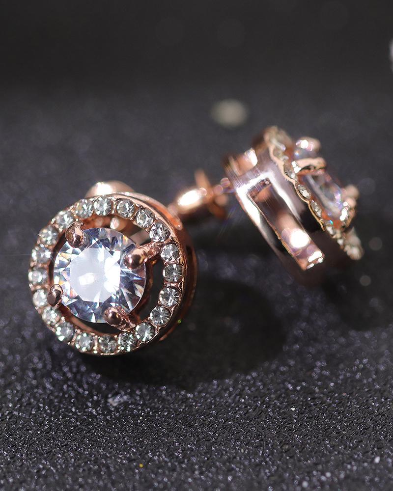 

1pair Round Shaped Rhinestone Earrings, Rose gold