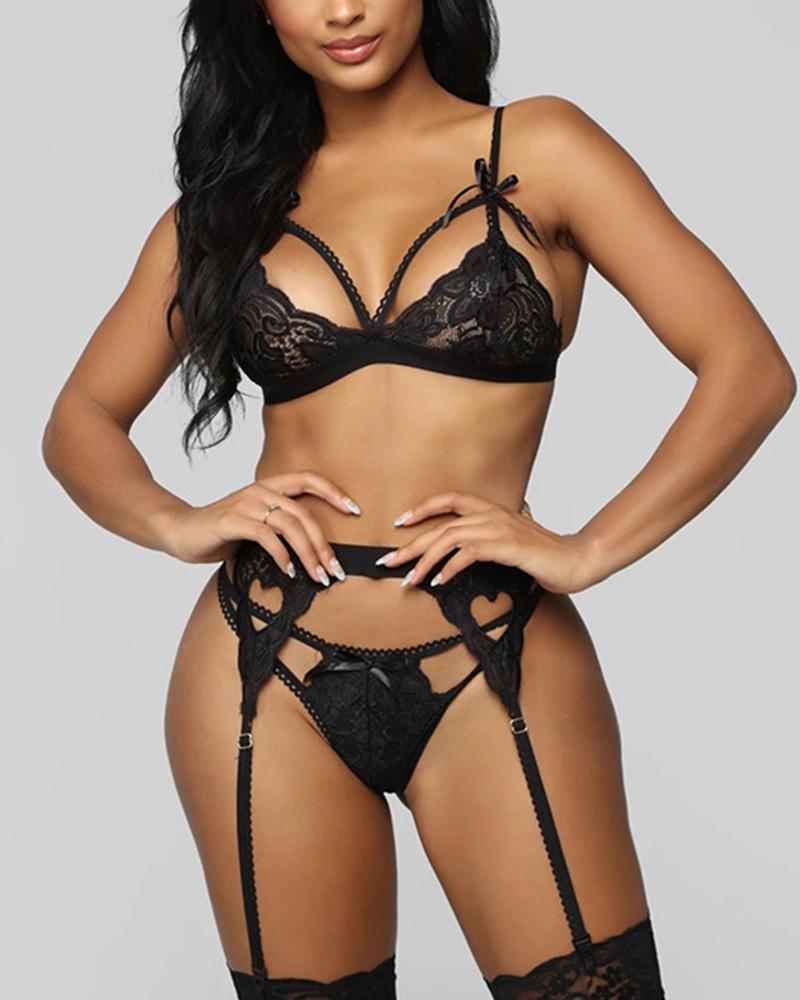 

Women Sexy Lace Patchwork Cut Out Lingerie With Garter Belt 3Pcs, Black