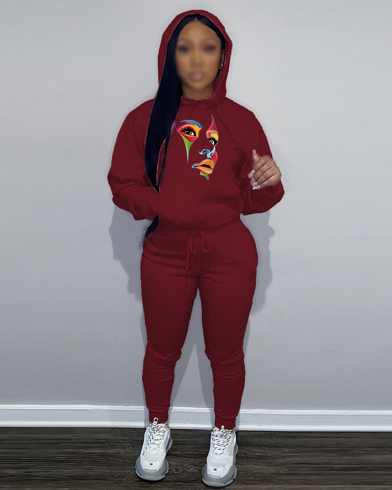 

Figure Print Drawstring Hoodie & Pants Set, Wine red