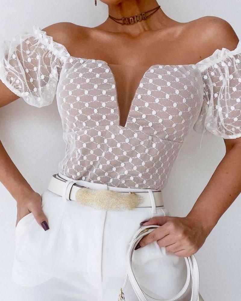 

Off Shoulder Dot Mesh Frill Hem Top, White