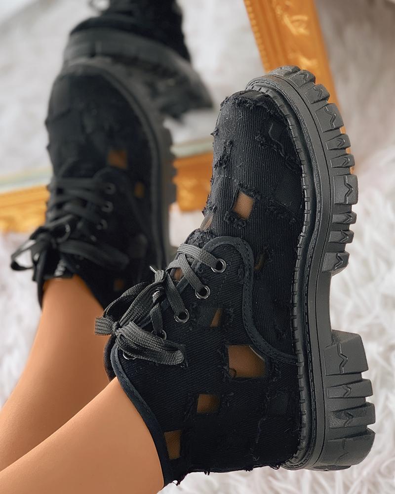 

Eyelet Lace-up Mesh Patch Denim Boots, Black