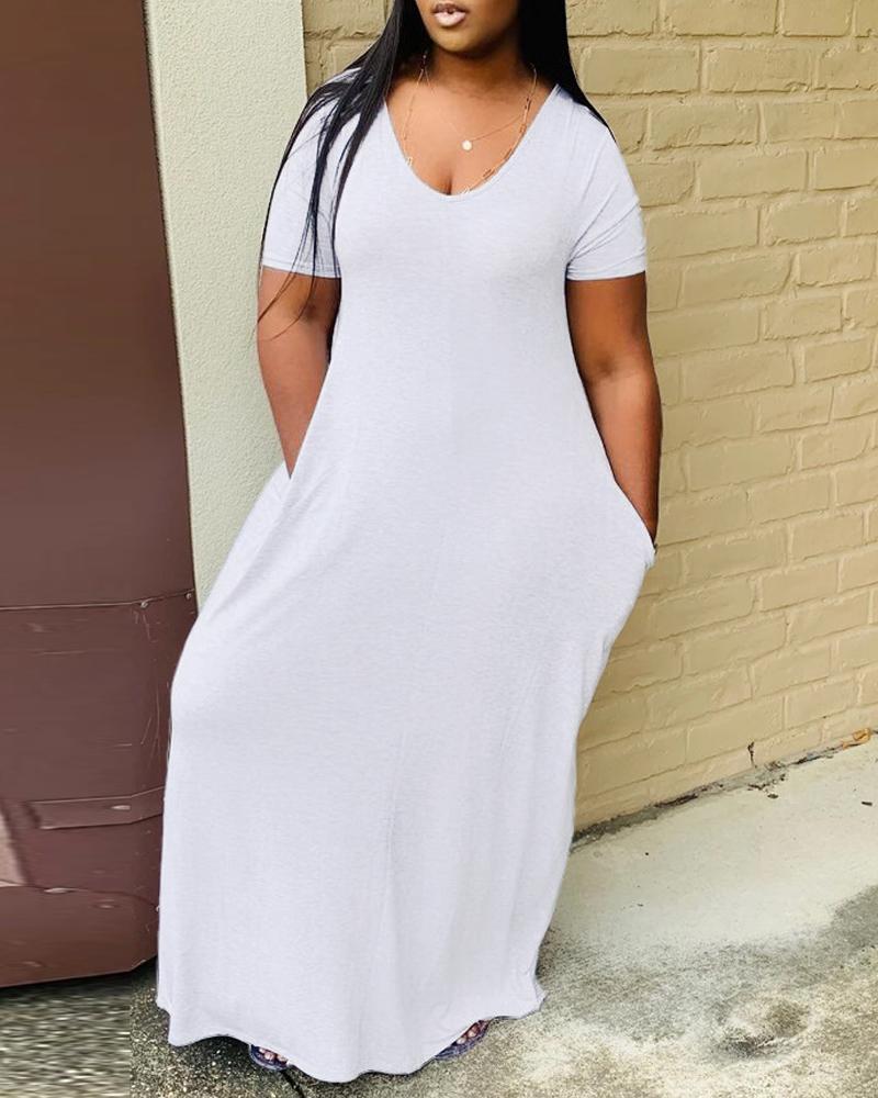 

Plus Size Short Sleeve Pocket Detail Maxi Dress, White