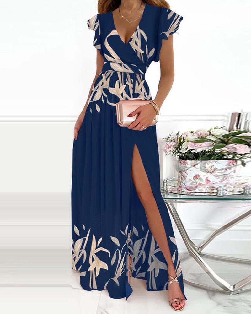 

Plants Print High Slit Prom Dress, Blue