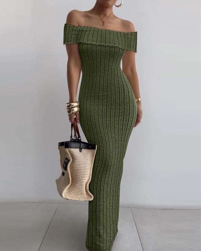 

Off Shoulder Ribbed Maxi Dress, Army green