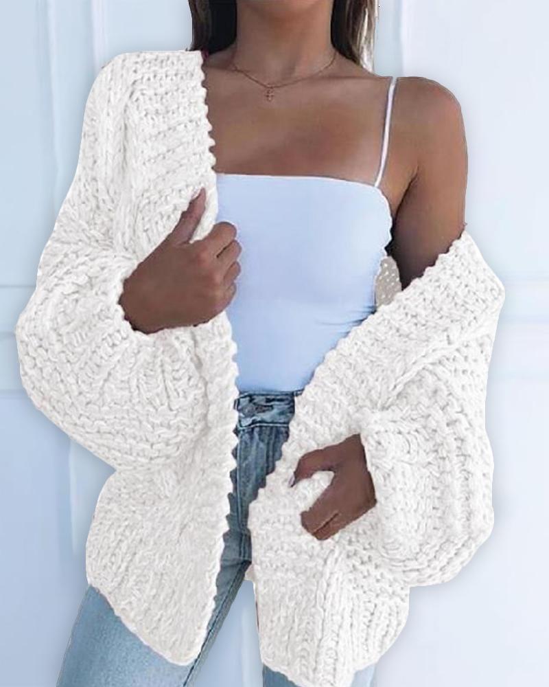 

Lantern Sleeve Solid Knitted Cardigan, White