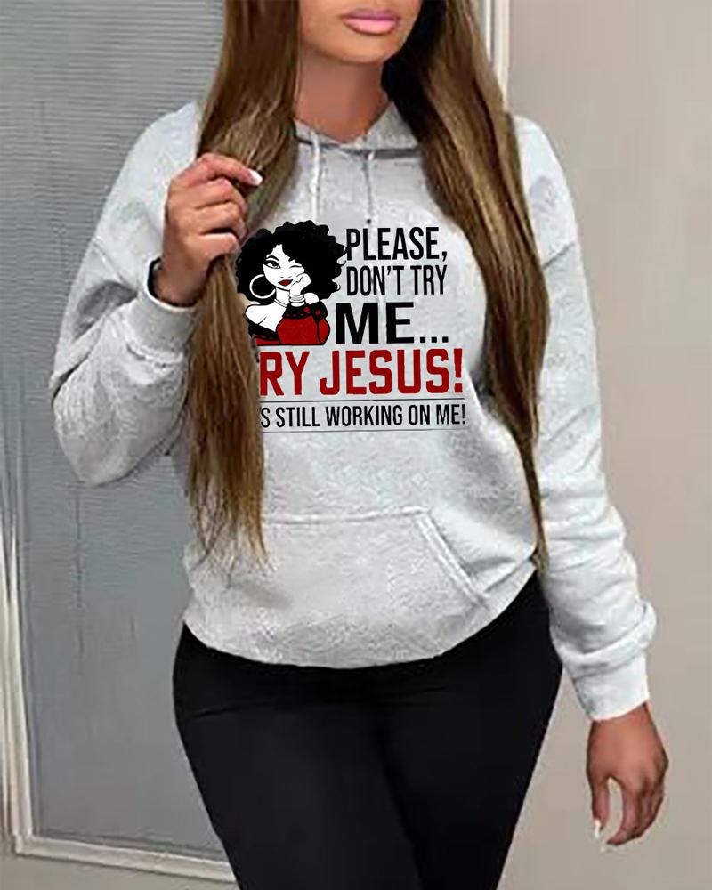 

Plus Size Figure Letter Print Long Sleeve Hoodie, Gray