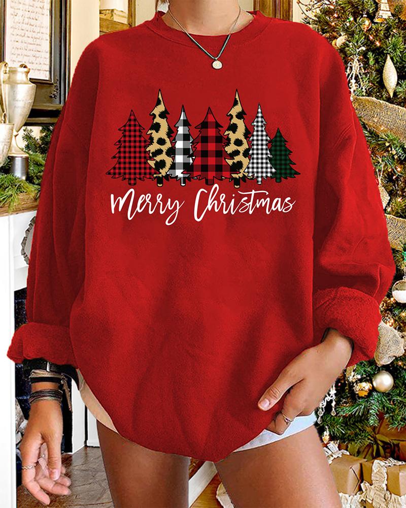 

Christmas Letter Tree Cheetah Plaid Print Long Sleeve Sweatshirt, Red