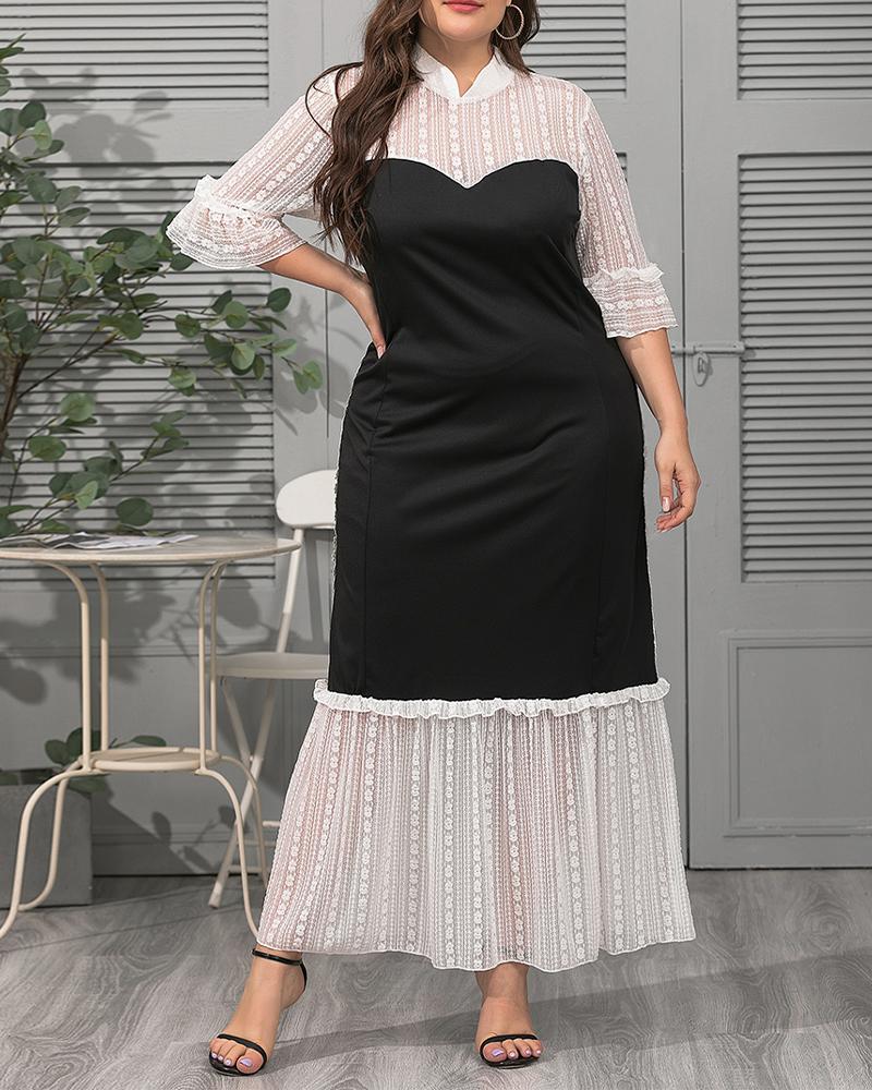 

Plus Size Color Block Frill Hem Contrast Lace Maxi Dress, Black