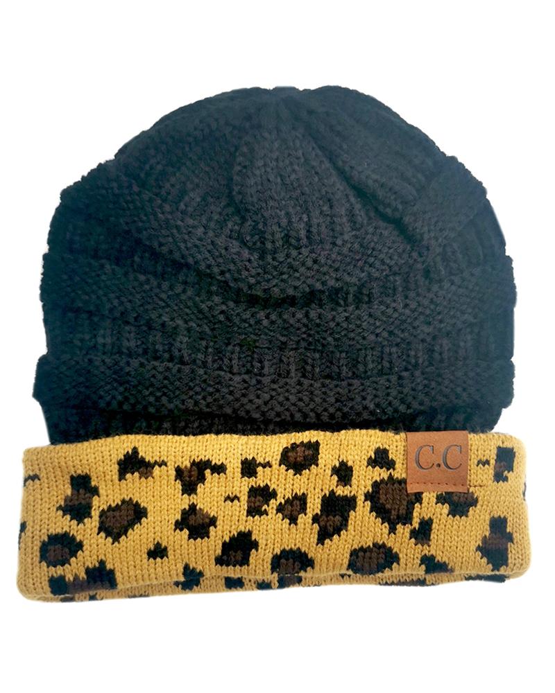 

Leopard Print Colorblock Winter Warm Knit Beanie Hat, Black