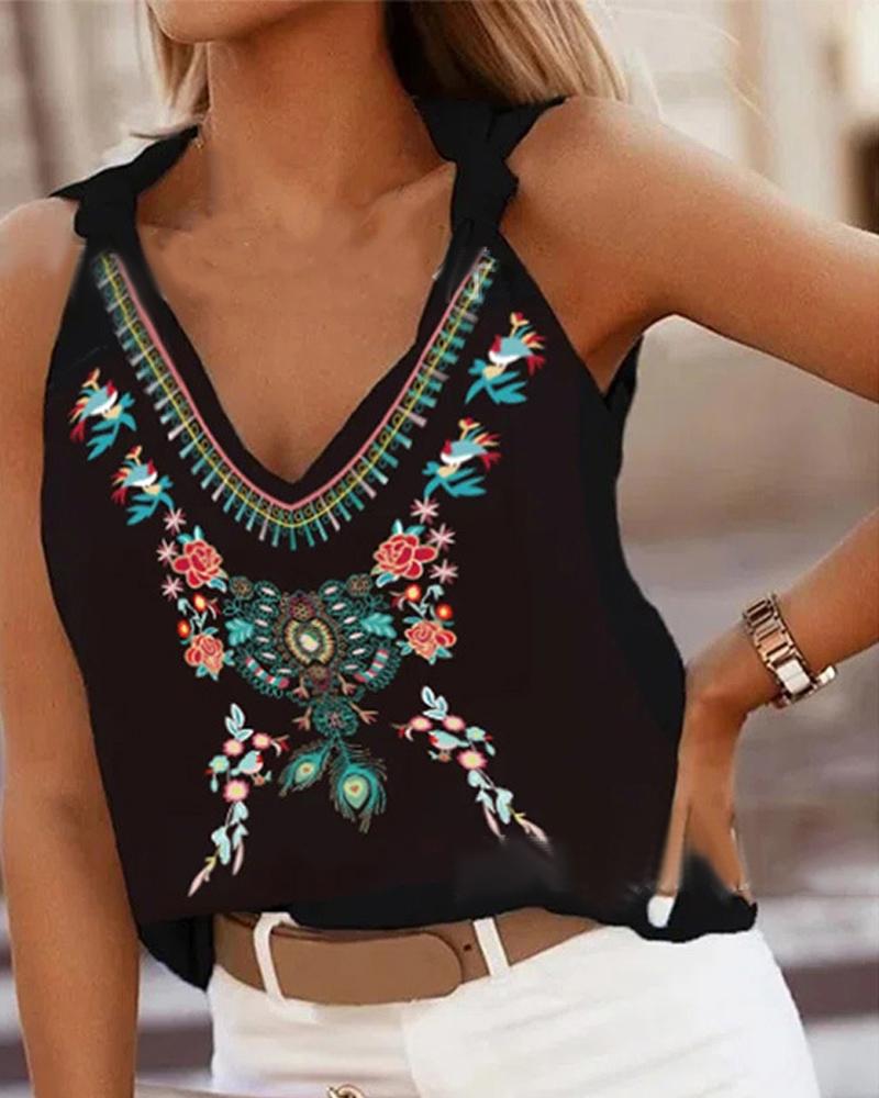 

Tribal Print Knotted Detail V-Neck Tank Top, Black