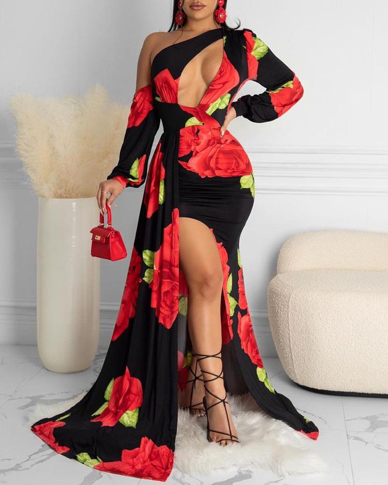 

One Shoulder Floral Print High Slit Party Dress, Black