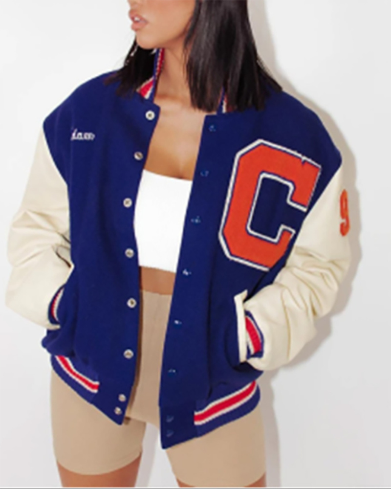 

Letter Print Colorblock Buttoned Baseball Jacket, Dark blue