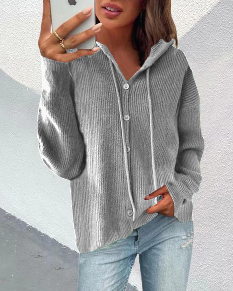 

Long Sleeve Hooded Button Front Cardigan, Gray