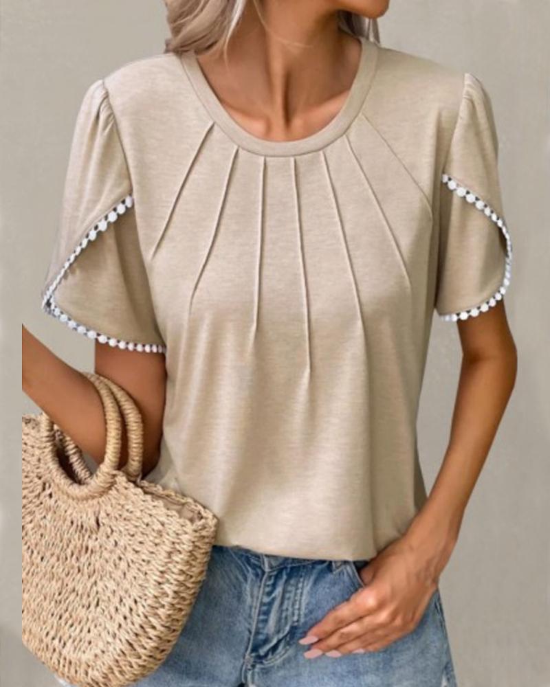 

Pom Pom Ruched Round Neck Top, Apricot