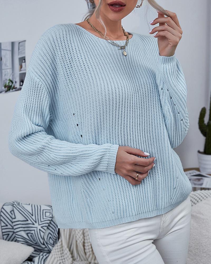 

Long Sleeve Knit Hollow Out Sweater, Blue