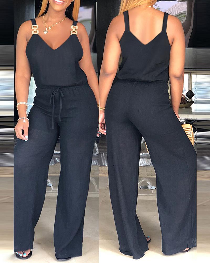 

Chain Strap V-Neck Drawstring Jumpsuit, Black