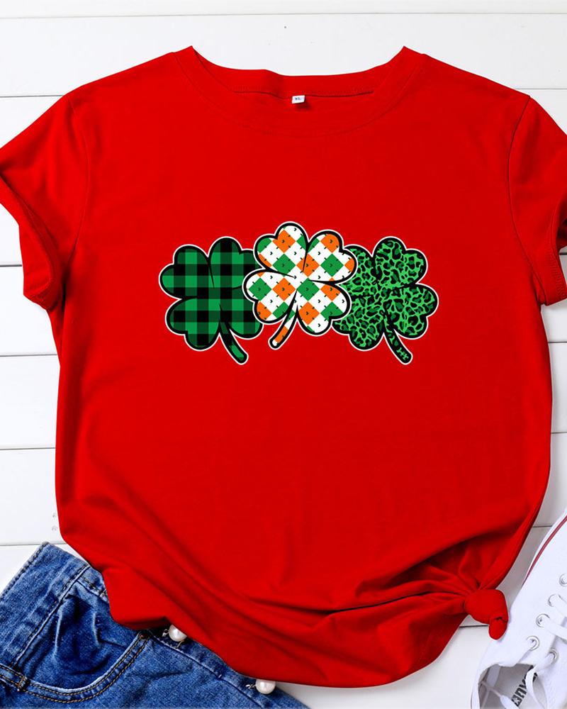 

Clover Print Short Sleeve Casual T-shirt, Red