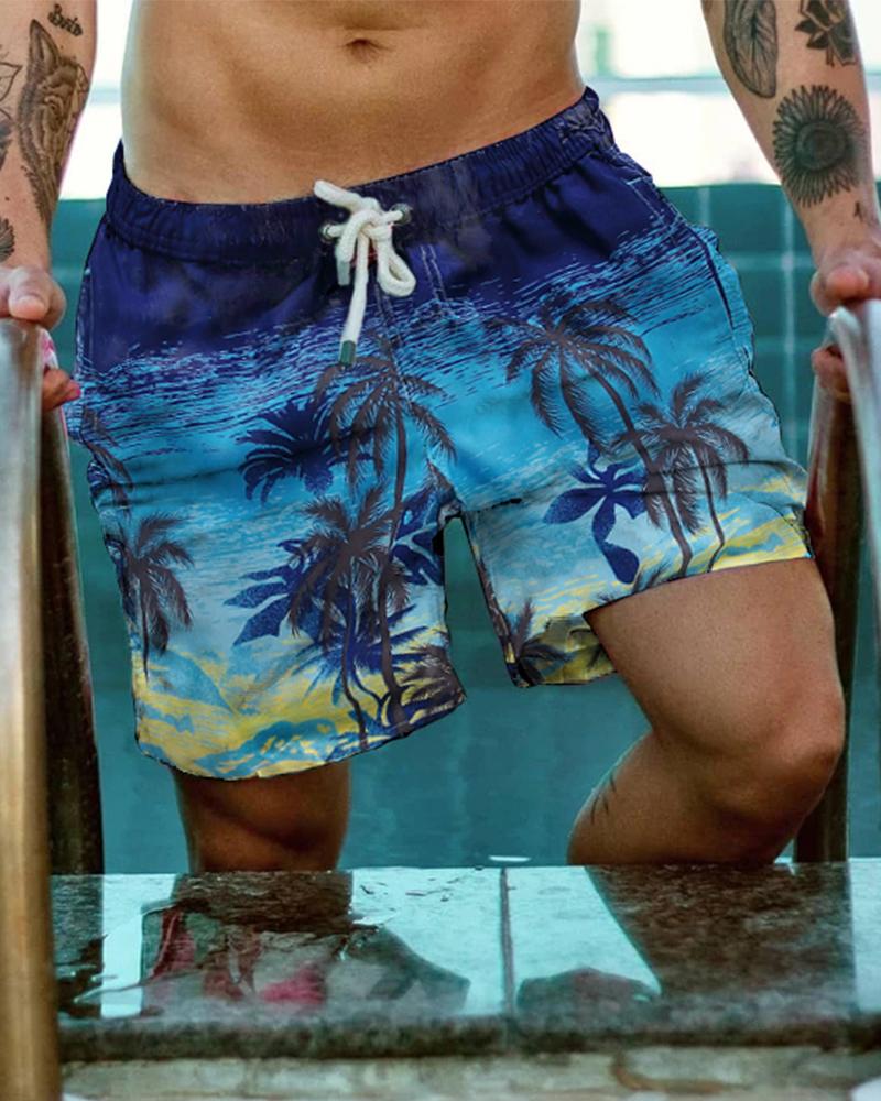

Vacation Style Print Drawstring Short Pants, Blue