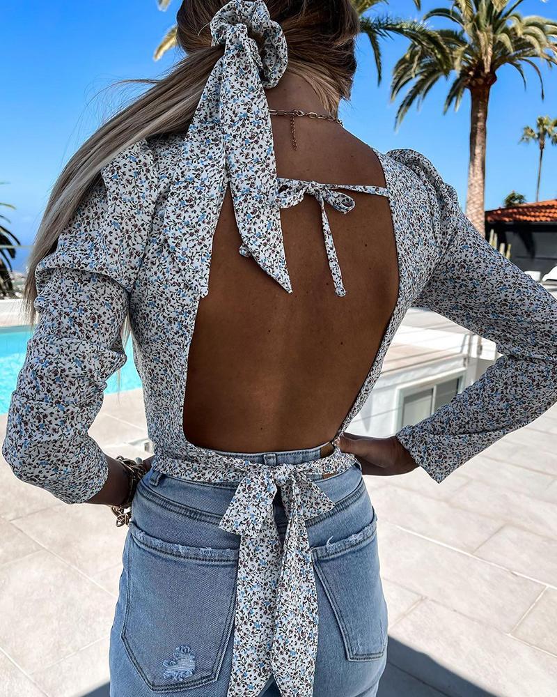 

Tied Backless Puff Sleeve Floral Print Crop Top With Headband, White