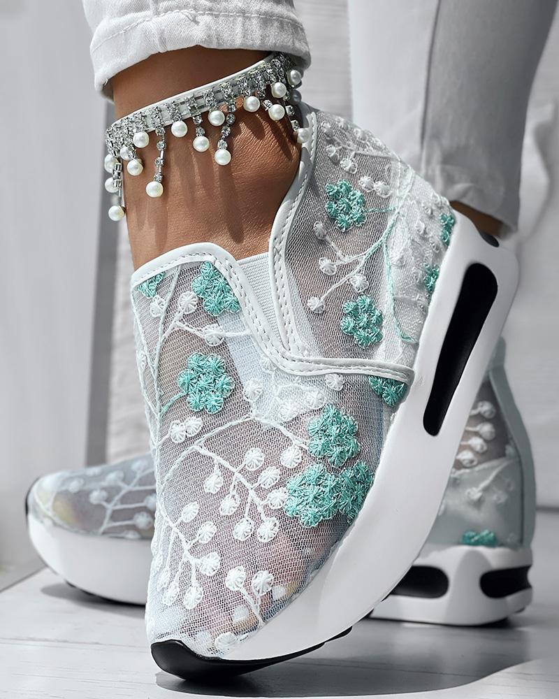 Floral Embroidery Sheer Mesh Sneakers