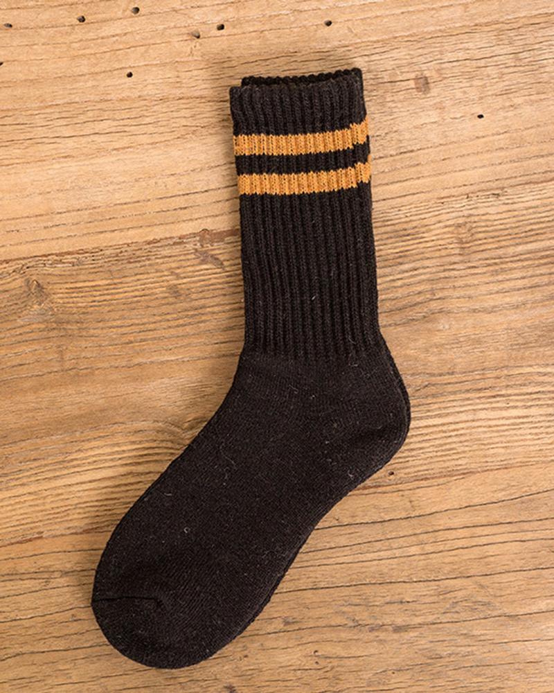 

1Pair Striped Lined Winter Thermal Crew Socks, Black