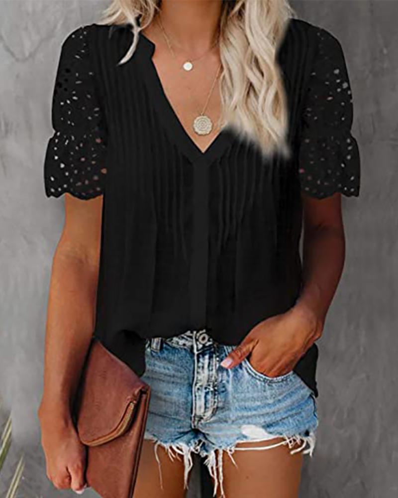 

V Neck Eyelet Embroidery Sleeve Button Design Top, Black