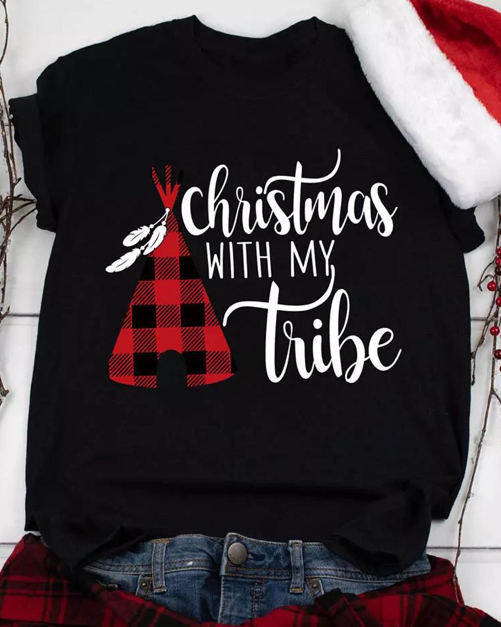 

Christmas Letter Plaid Print Casual T-shirt, Black