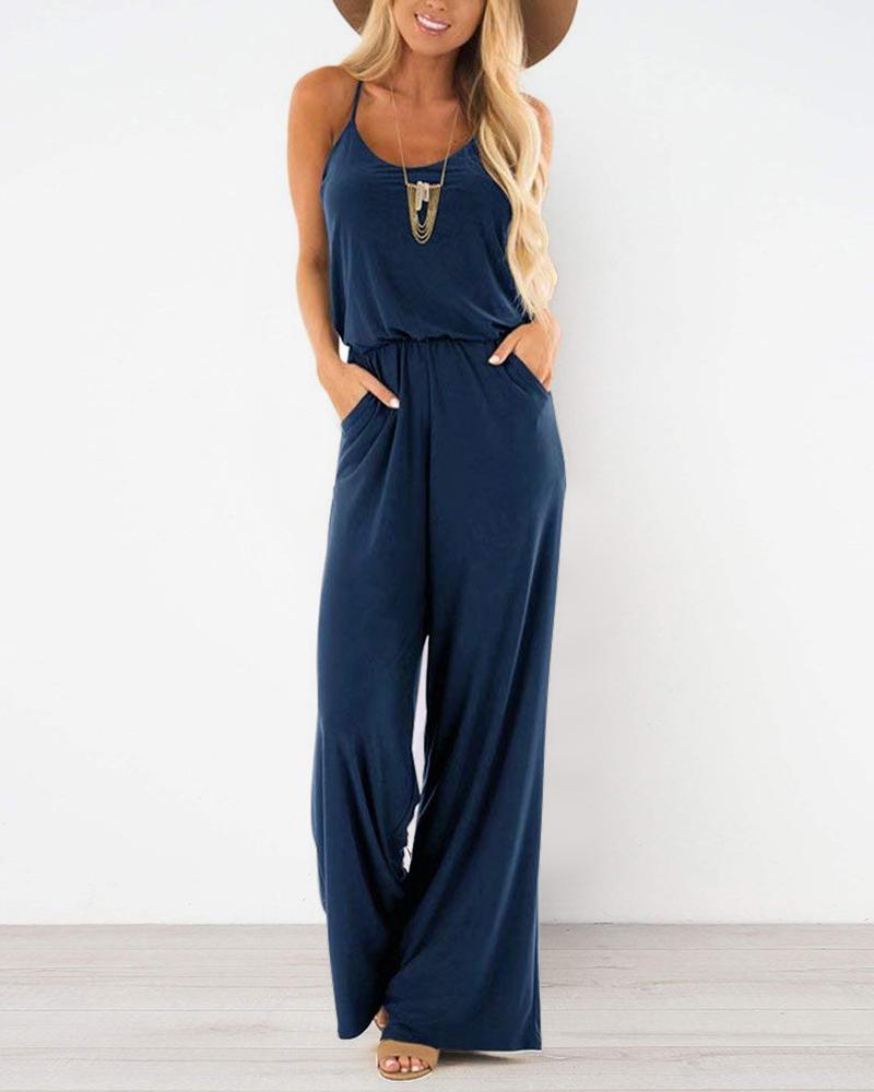 

Spaghetti Strap Pocket Design Jumpsuit, Dark blue