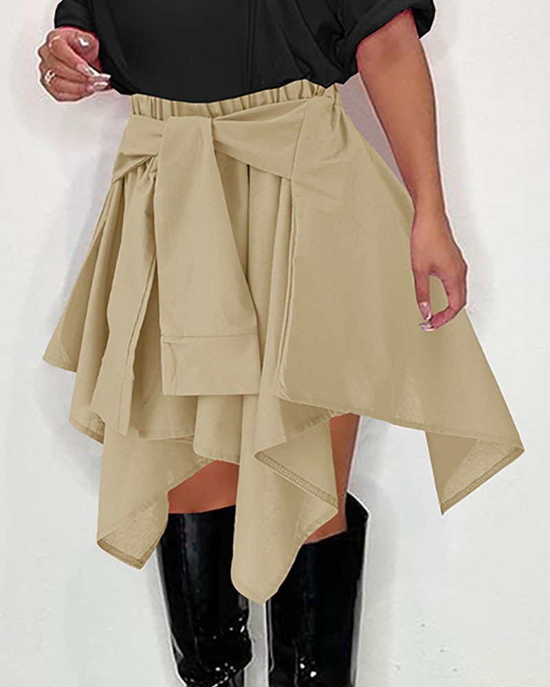 

Plain Tied Detail Asymmetrical Skirt, Khaki