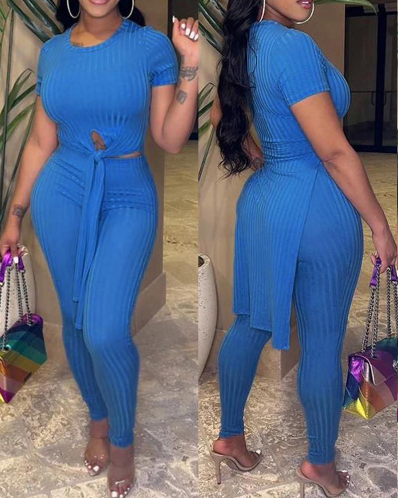 

Ribbed Split Hem Longline Top & Pants Set, Blue