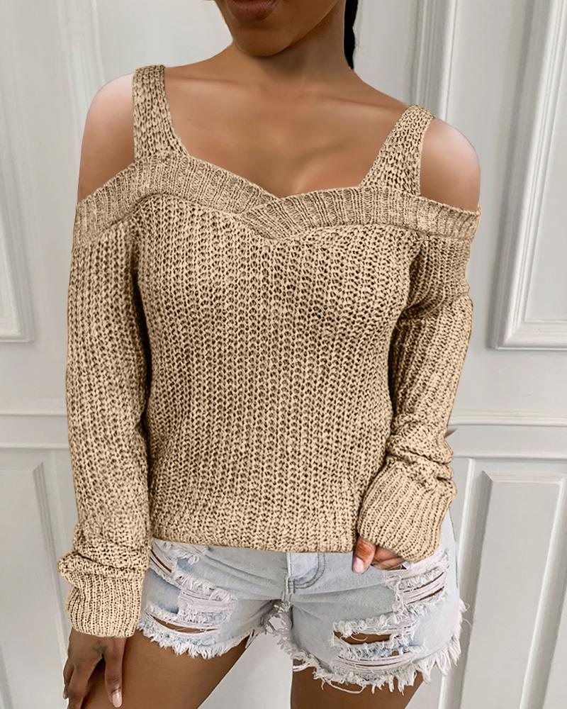 

Plain Long Sleeve Cold Shoulder Sweater, Khaki