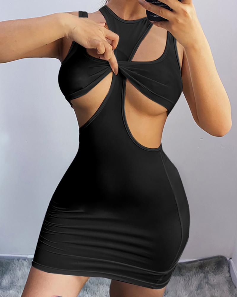 

Plain Cutout O Neck Bodycon Sleeveless Dress, Black