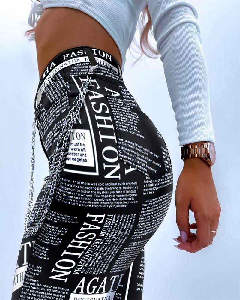 

Newspaper Print Pocket Design High Waist Chain Decor Pants, Black