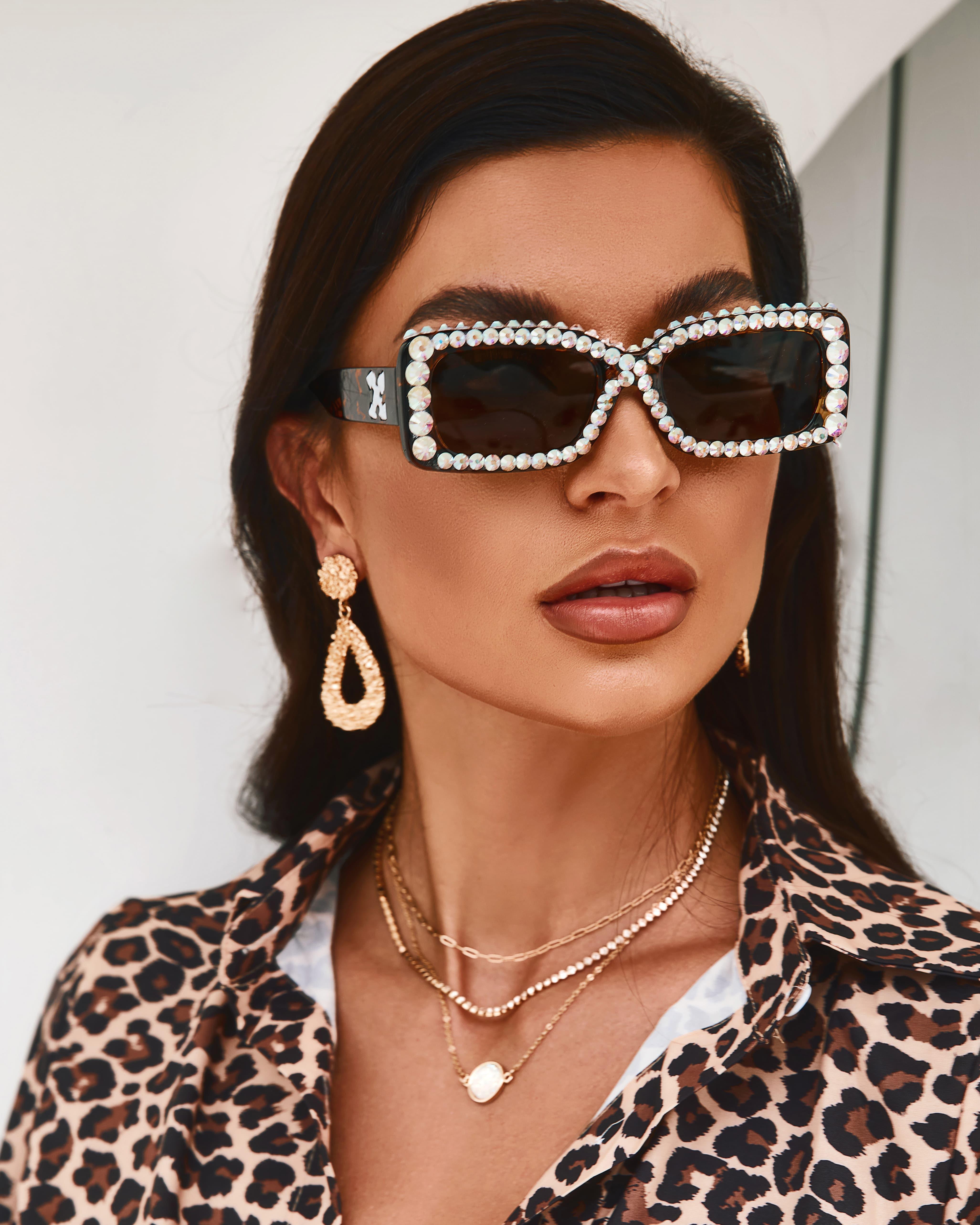 

1Pair Cheetah Print Square Frame Rhinestone Decor Sunglasses, Brown