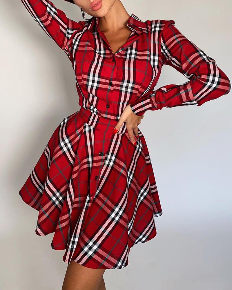 

Plaid Print Long Sleeve Buttoned Shirt Dress, Red